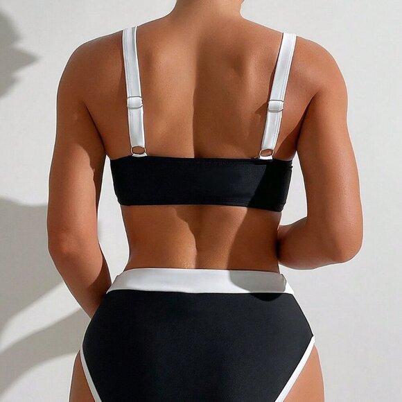 Black And White Boho Women's Beach Color Block Bikini Set Two Piece Swimsuit - Picture 2 of 4
